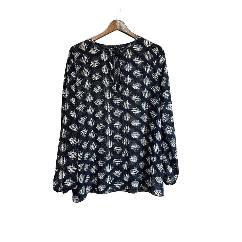 Ann Taylor Womens Blouse Top Size L Long Sleeve Black White Tie‎ Neck